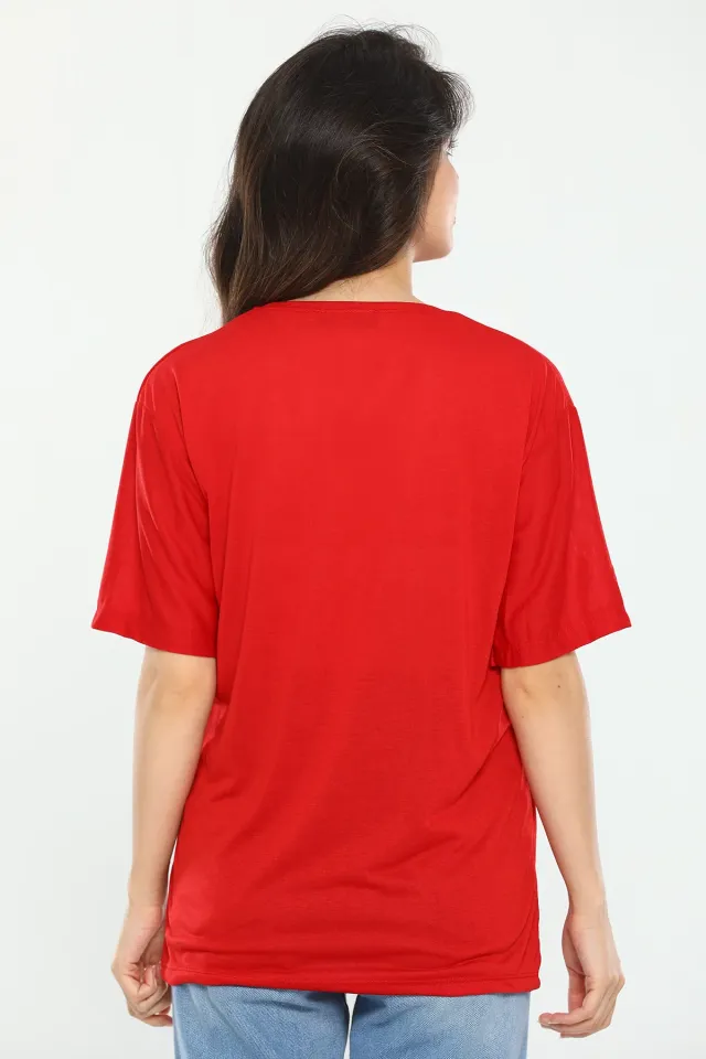 Kadın Likralı Bisiklet Yaka Baskılı T-shirt Kırmızı