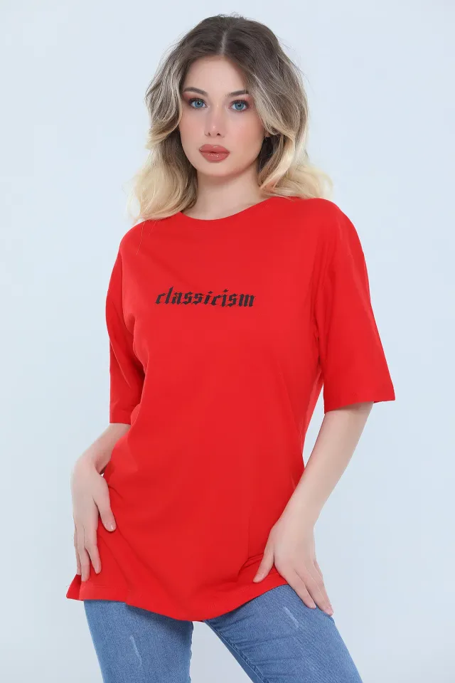 Kadın Likralı Bisiklet Yaka Baskılı Salaş T-shirt Kırmızı