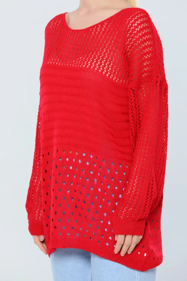 Kadın Likralı Salaş Mevsimlik Triko Bluz Kırmızı