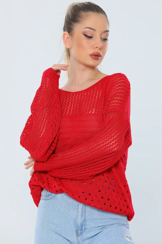 Kadın Likralı Salaş Mevsimlik Triko Bluz Kırmızı
