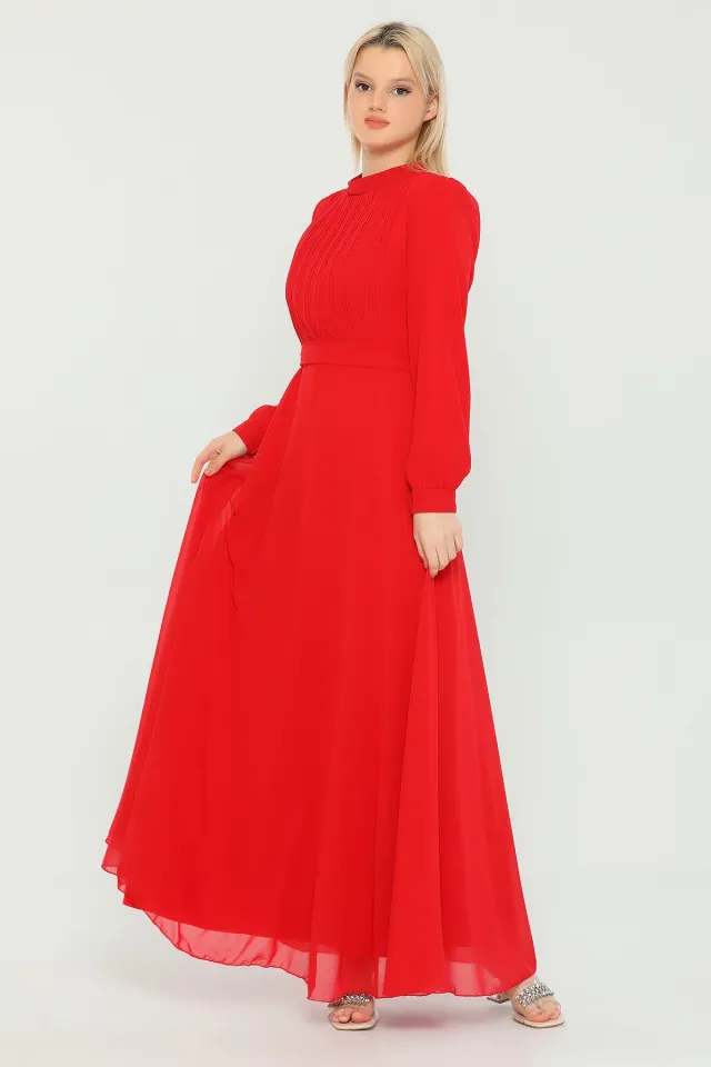 Kadın Modest Önü Piliseli Uzun Tesettür Şifon Elbise Kırmızı