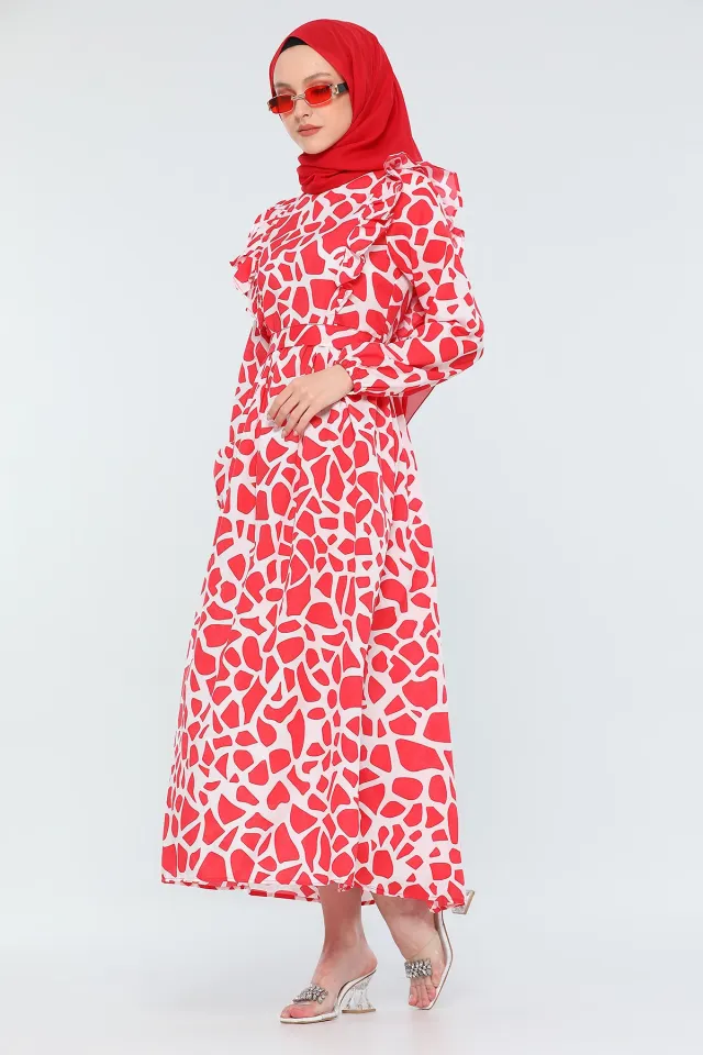 Kadın Modest Yaka Fırfırlı Mermer Desenli Uzun Tesettür Elbise Kırmızı