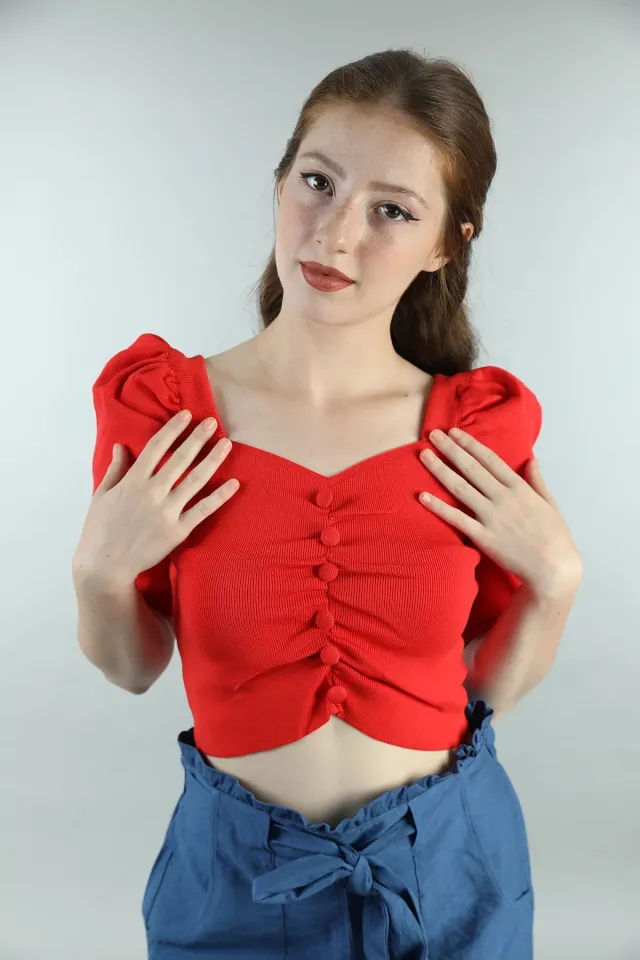 Kadın Triko Balon Kol Düğme Detaylı Crop Bluz Kırmızı