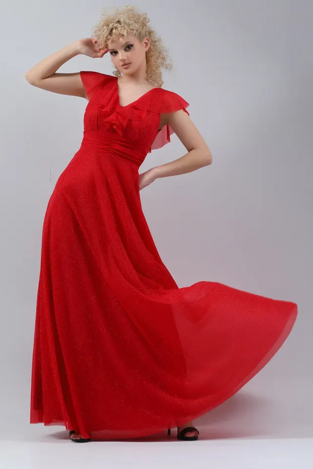 Kadın Yaka Volanlı Tül Dekolteli Bel Drapeli Astarlı Işıltılı Uzun Abiye Elbise Kırmızı
