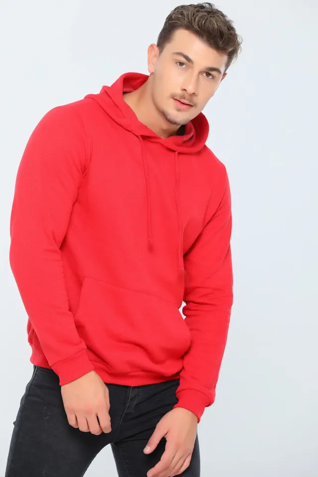 Erkek Kapüşonlu Kanguru Cepli Basic Sweatshirt Kırmızı