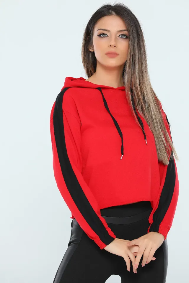 Kadın Likralı Kapüşonlu Şeritli Crop Sweatshirt Kırmızı
