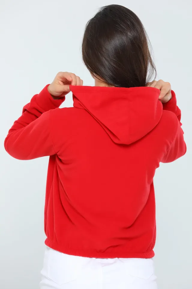 Kadın Likralı Kapüşonlu Şardonlu Crop Sweatshirt Kırmızı