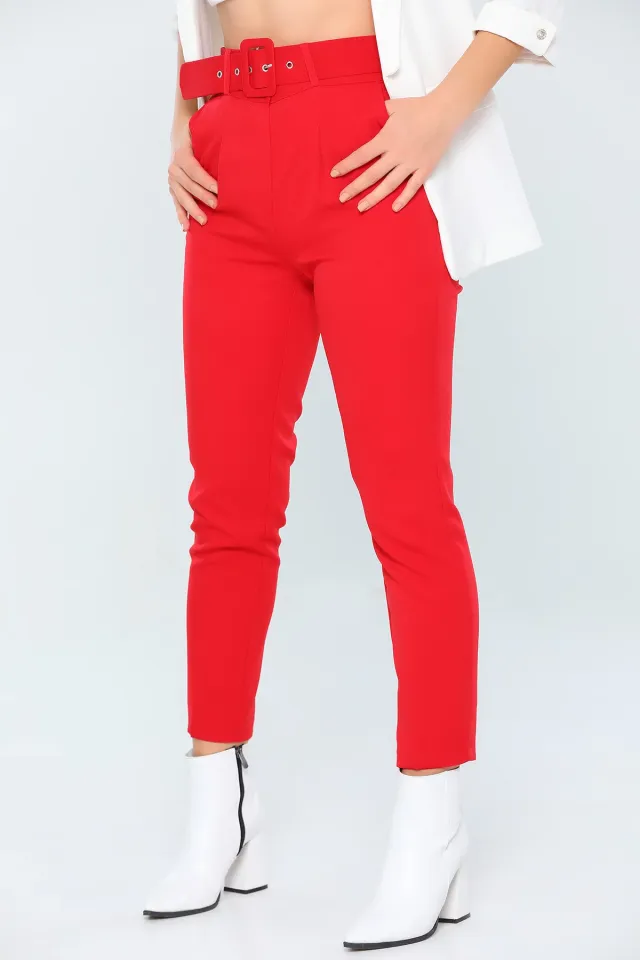 Kadın Kemerli Double Paça Pantolon Kırmızı