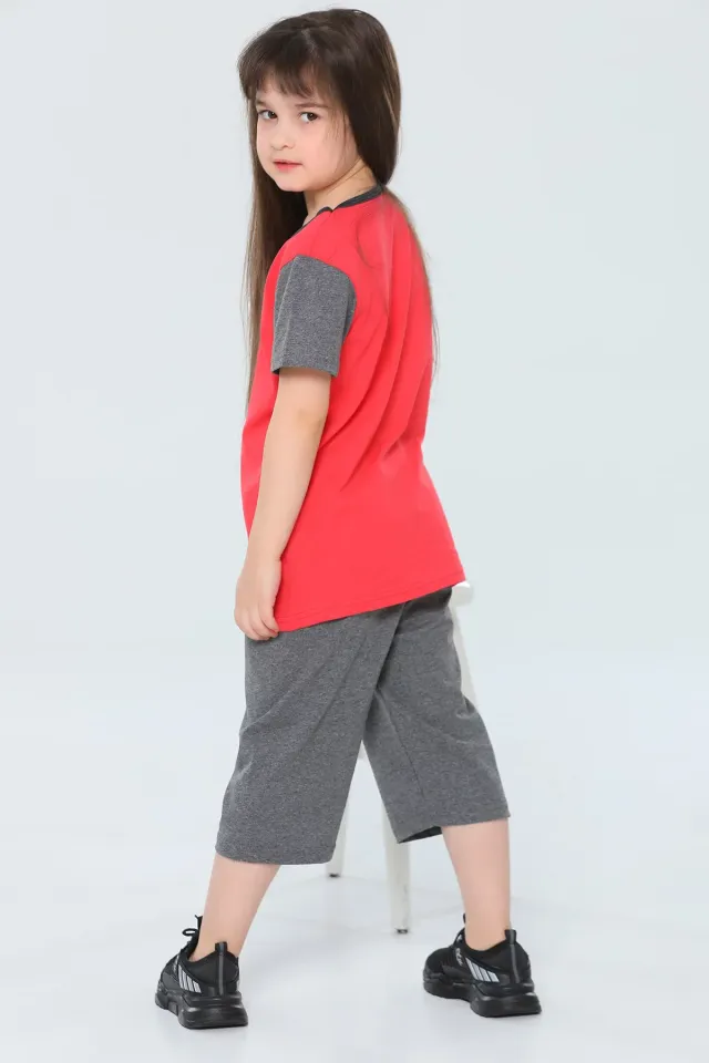 Kız Çocuk Bisiklet Yaka Baskılı T-shirt Kapri İkili Takım Kırmızı
