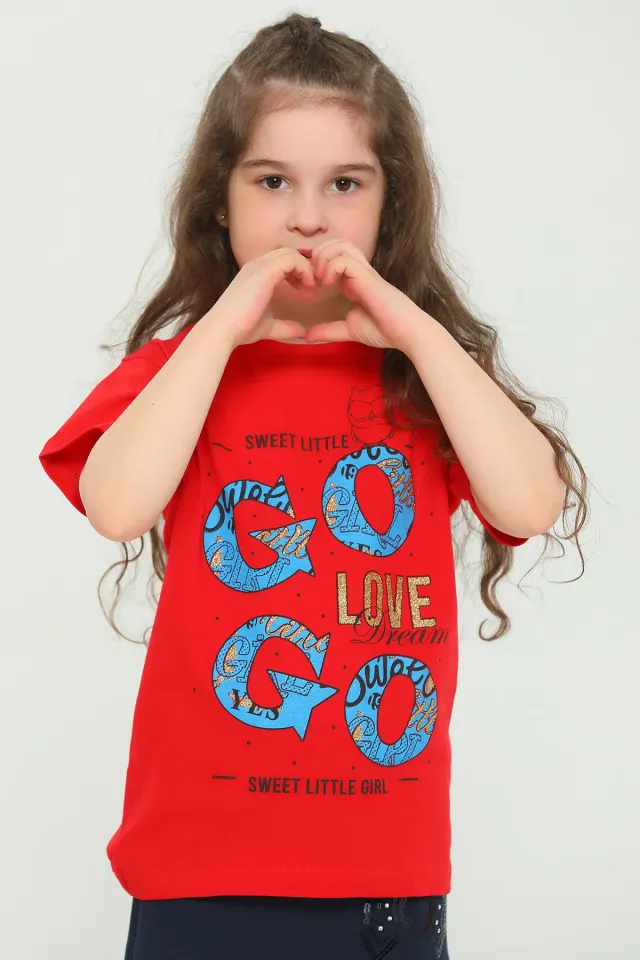 Kız Çocuk Likralı Bisiklet Yaka Baskılı T-shirt Kırmızı