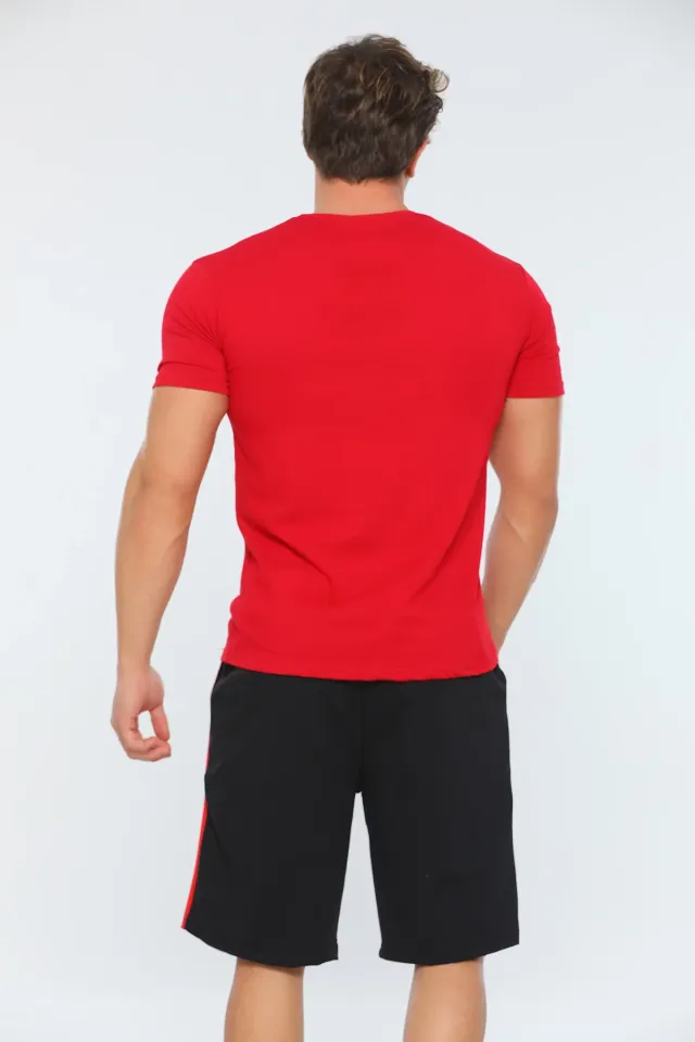 Erkek Likralı Bisiklet Yaka Basic T-shirt Şort İkili Takım Kırmızısiyah