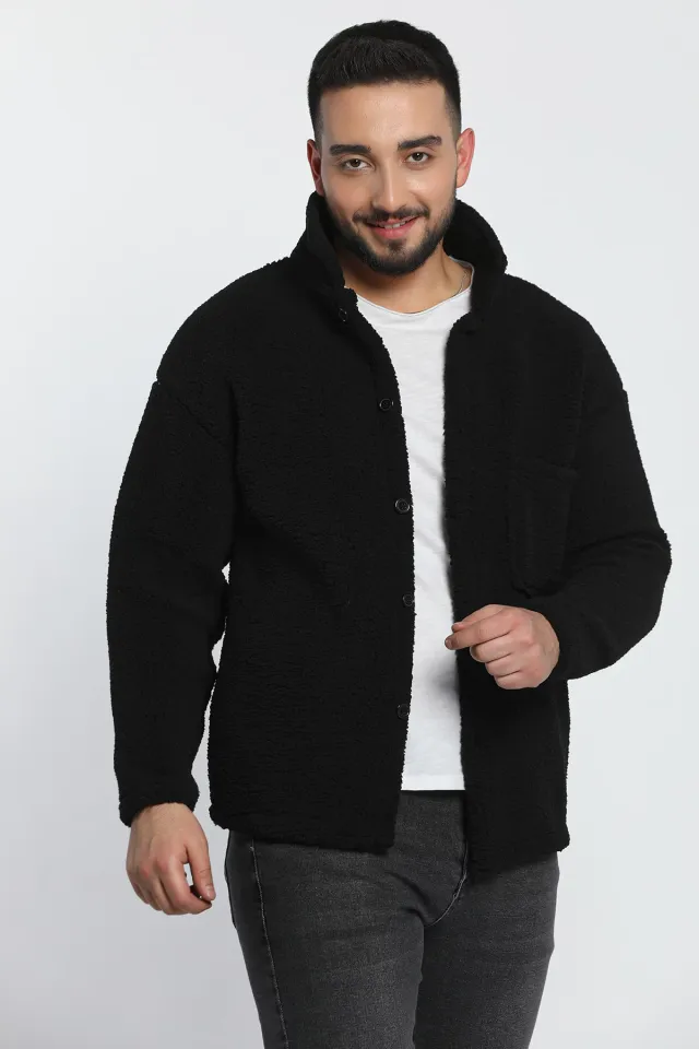 Kış Modası Tek Cepli Peluş Gömlek Ceket Siyah