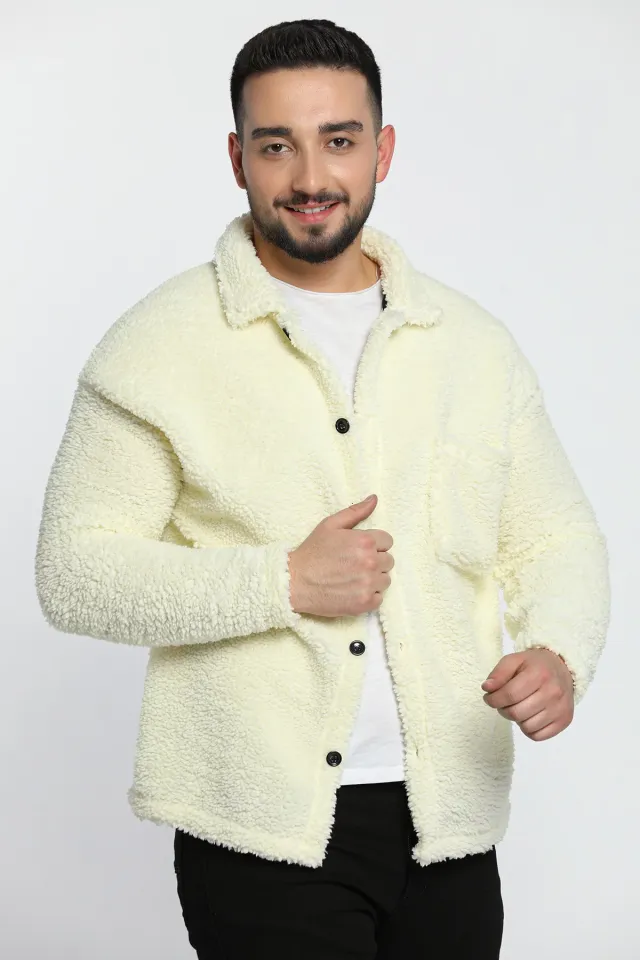 Kış Modası Tek Cepli Peluş Gömlek Ceket Krem
