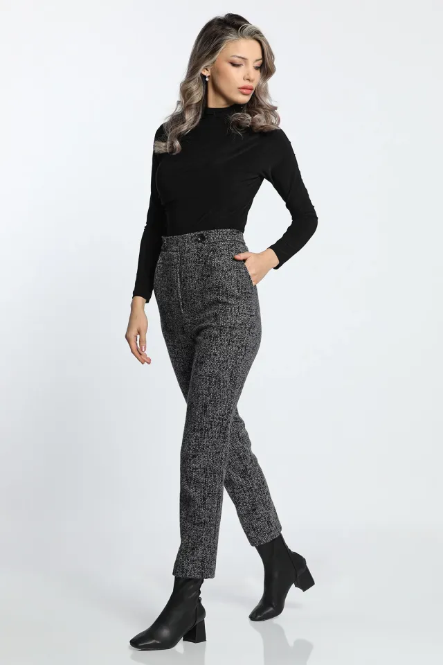 Kadın Desenli Yüksek Bel Beli Düğme Detaylı Pantolon Siyah