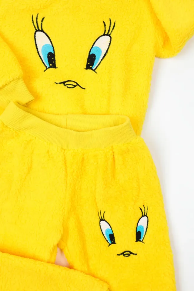 Kız Çocuk Baskılı Peluş Pijama Takımı Sarı