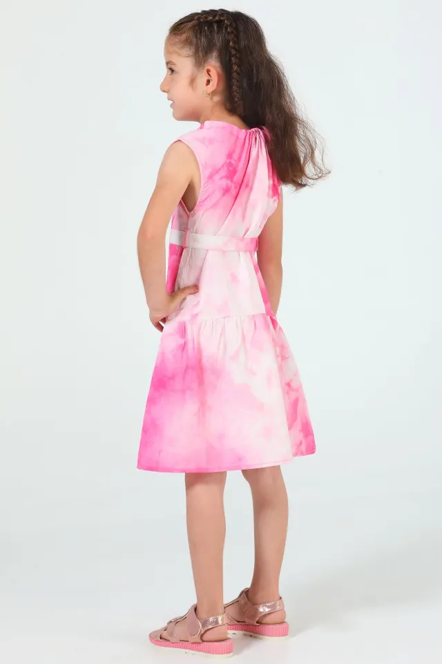 Kız Çocuk Bel Kuşak Detaylı Desenli Elbise Pembe