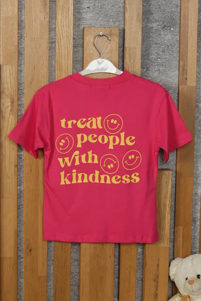 Kız Çocuk Bisiklet Yaka Baskı Detaylı T-shirt Fuşya