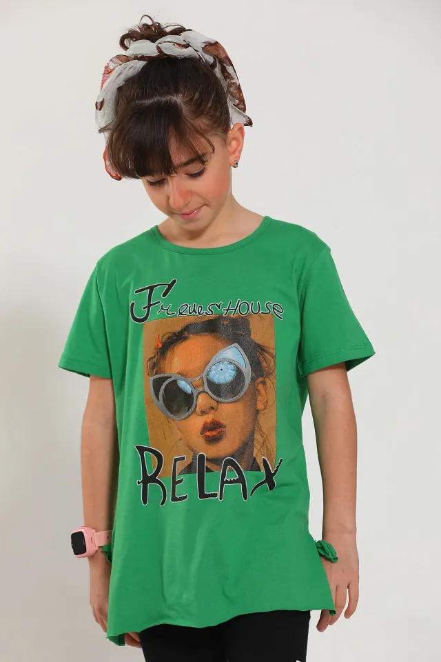 Kız Çocuk Bisiklet Yaka Ön Baskılı T-shirt Yeşil