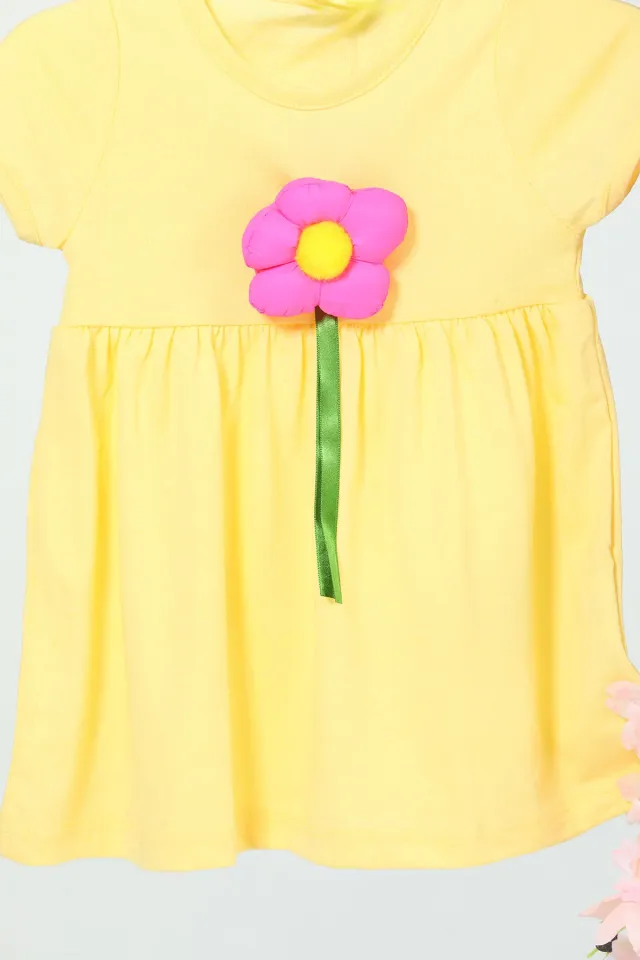 Kız Çocuk Bisiklet Yaka Puf Çiçekli Elbise Sarı