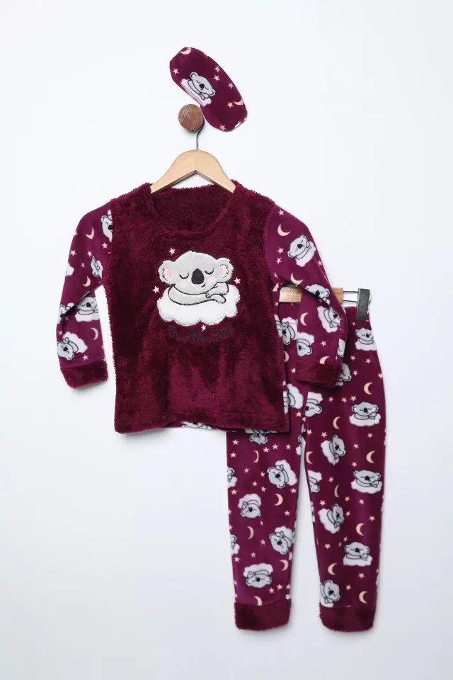 Kız Çocuk Desenli Polar Pijama Takımı Mürdüm