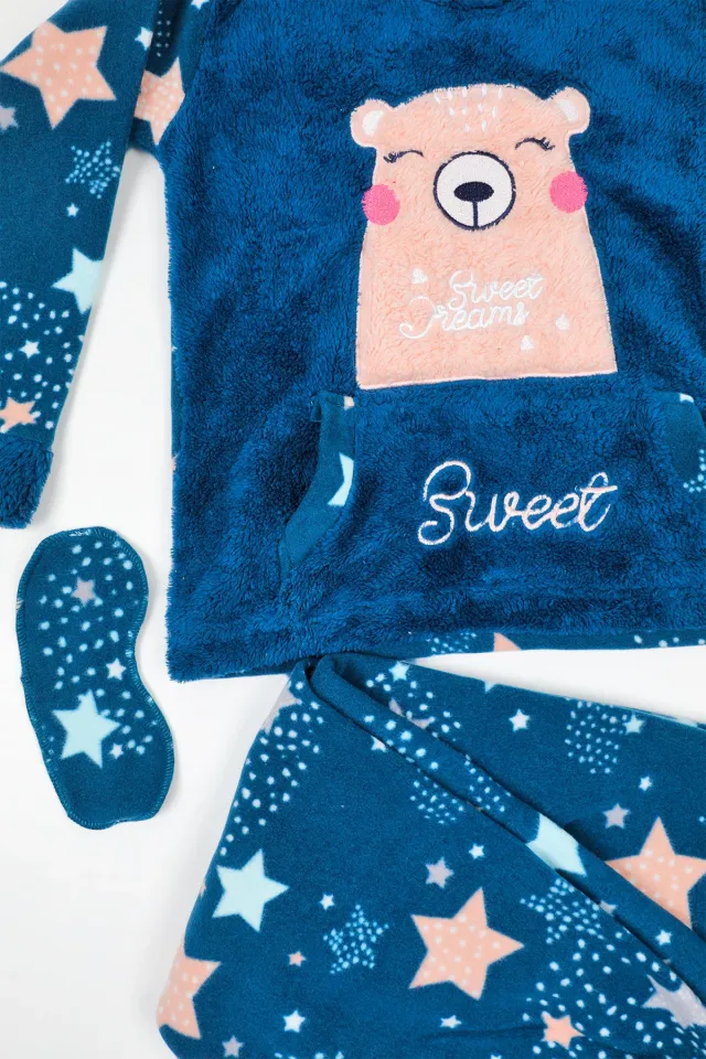 Kız Çocuk Desenli Polar Pijama Takımı Petrol