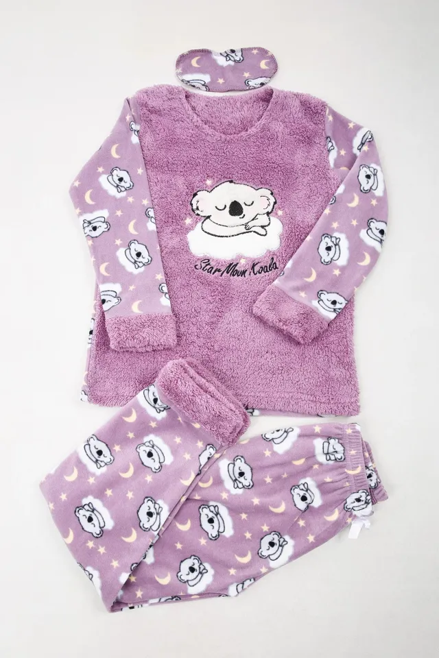Kız Çocuk Desenli Polar Pijama Takımı Lila