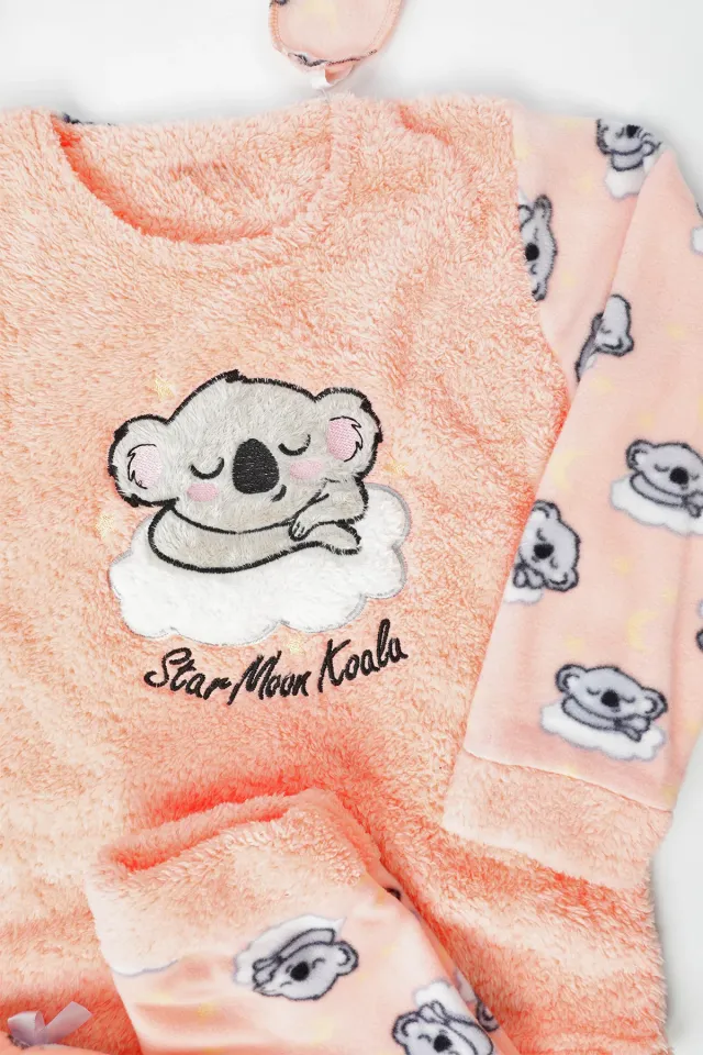 Kız Çocuk Desenli Polar Pijama Takımı Somon