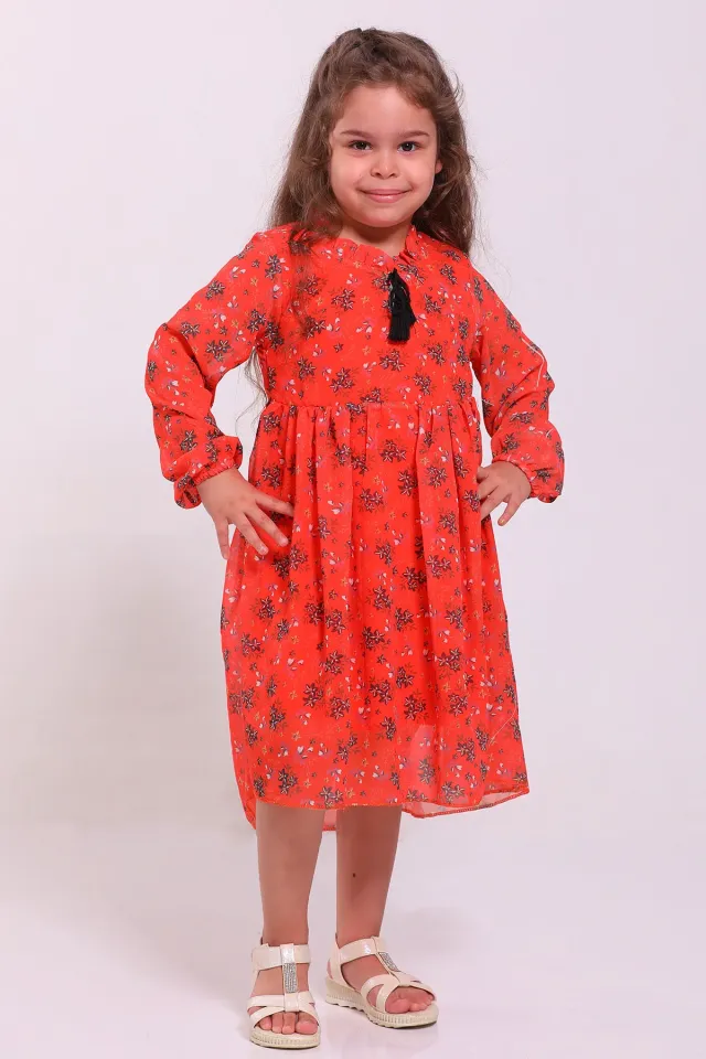 Kız Çocuk Desenli Şifon Elbise Orange