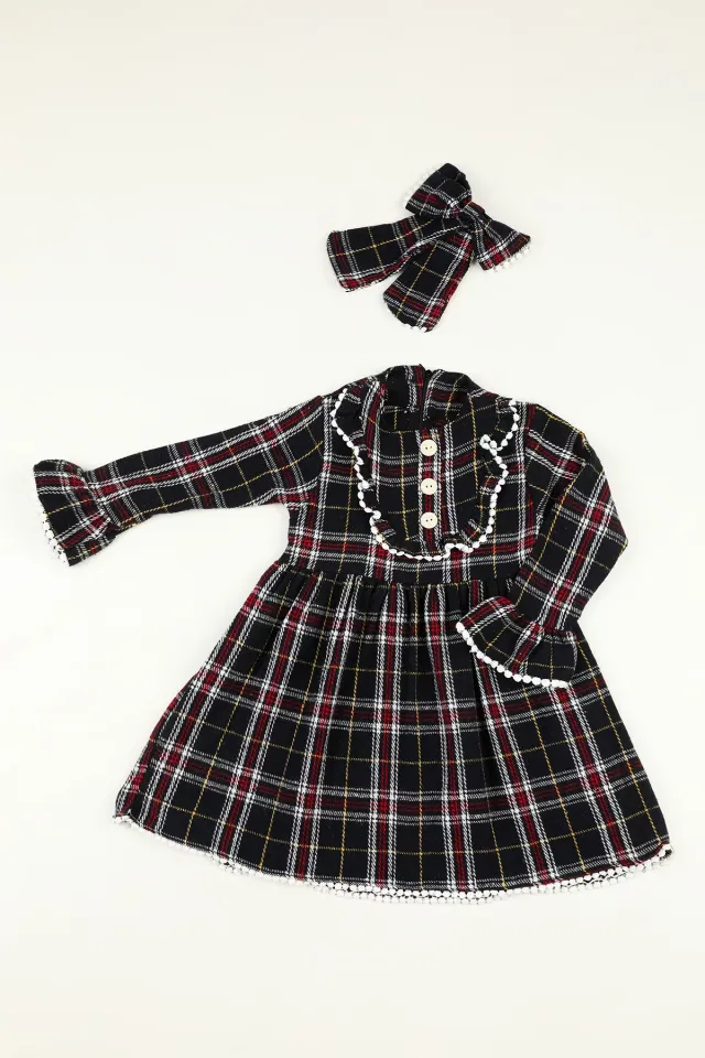 Kız Çocuk Ekose Desenli Tokalı Elbise Lacivert