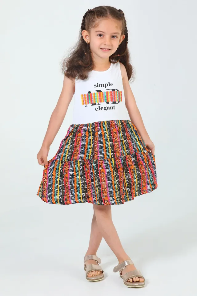 Kız Çocuk Kolsuz Desenli Elbise Kremrenkli
