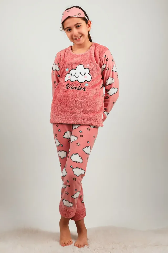 Kız Çocuk Nakışlı Polar Pijama Takımı Pudra