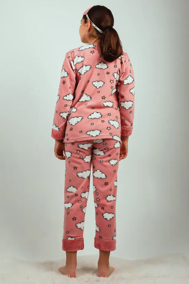 Kız Çocuk Nakışlı Polar Pijama Takımı Pudra