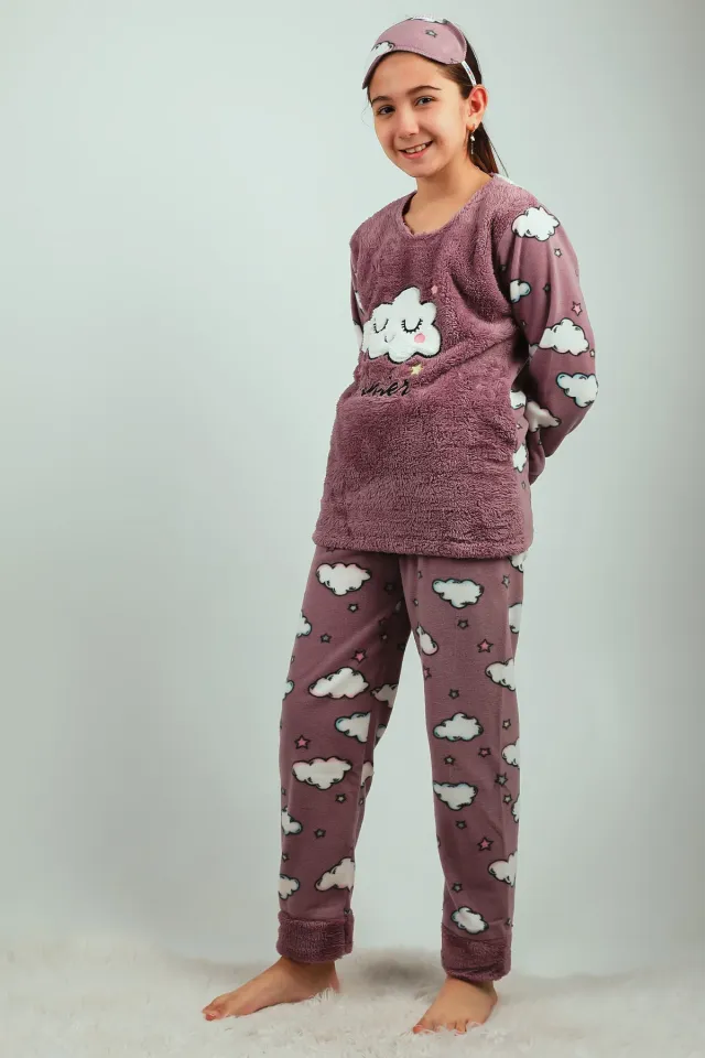 Kız Çocuk Nakışlı Polar Pijama Takımı Lila