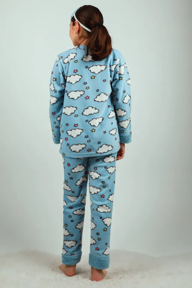 Kız Çocuk Nakışlı Polar Pijama Takımı Mavi