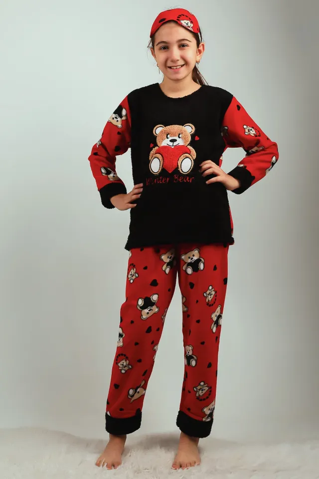 Kız Çocuk Nakışlı Polar Pijama Takımı Siyah