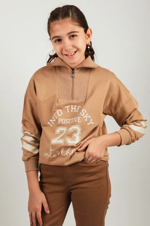 Kız Çocuk Yarım Fermuarlı Baskılı Sweatshirt Bisküvi