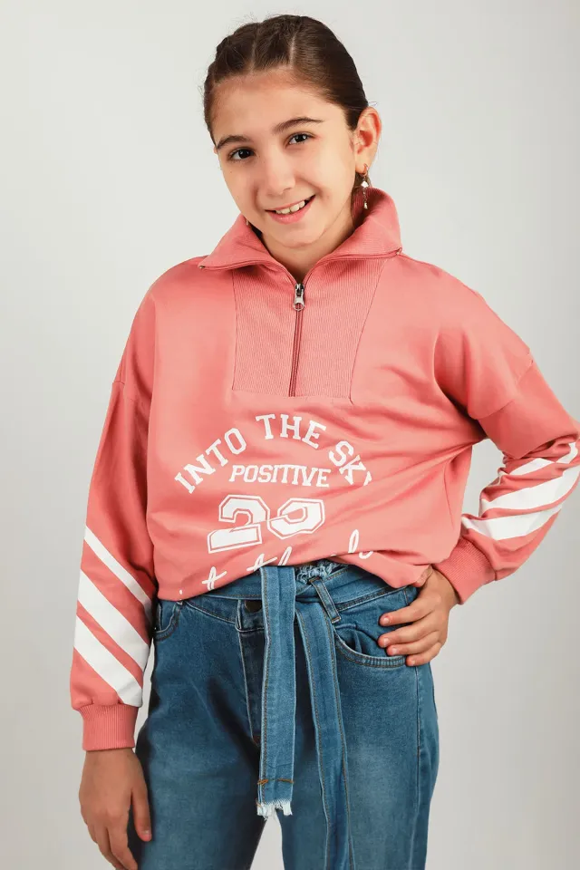 Kız Çocuk Yarım Fermuarlı Baskılı Sweatshirt Gülkurusu