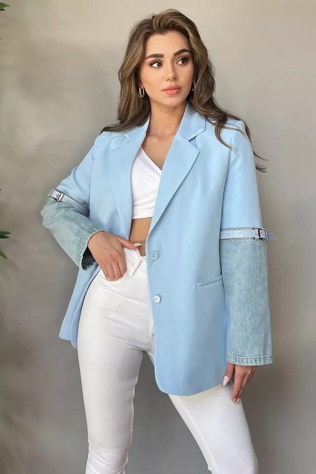 Kot Garnili Kol Kemer Detaylı Cepli Kadın Blazer Ceket Mavi