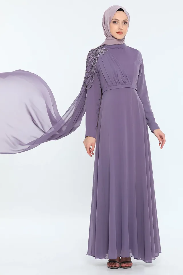 Kadın Modest Omuzu Boncuk Pelerinli Uzun Tesettür Abiye Elbise Koyu Lila