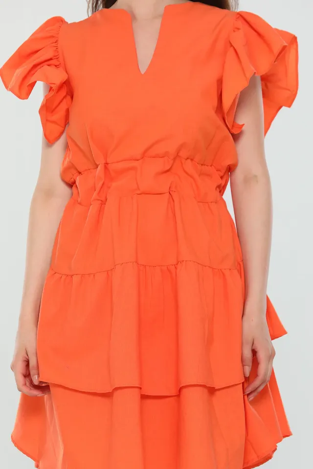 Kadın V Yaka Kol Volanlı Eteği Katlı Yazlık Mini Elbise Koyu Orange