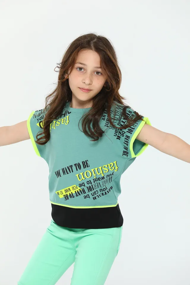Kız Çocuk Likralı Bisiklet Yaka Kol Detaylı Baskılı T-shirt Koyumint