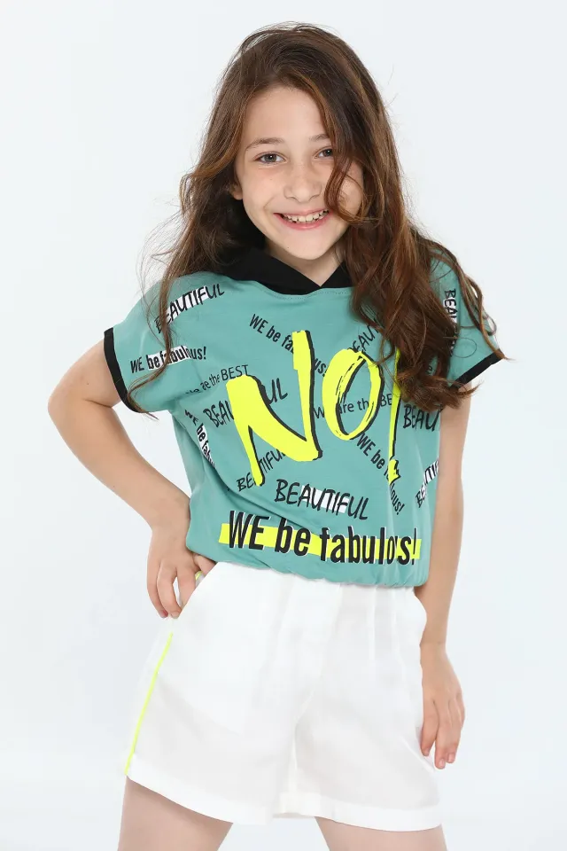 Kız Çocuk Likralı Kapüşonlu Bel Detaylı Baskılı T-shirt Koyumint