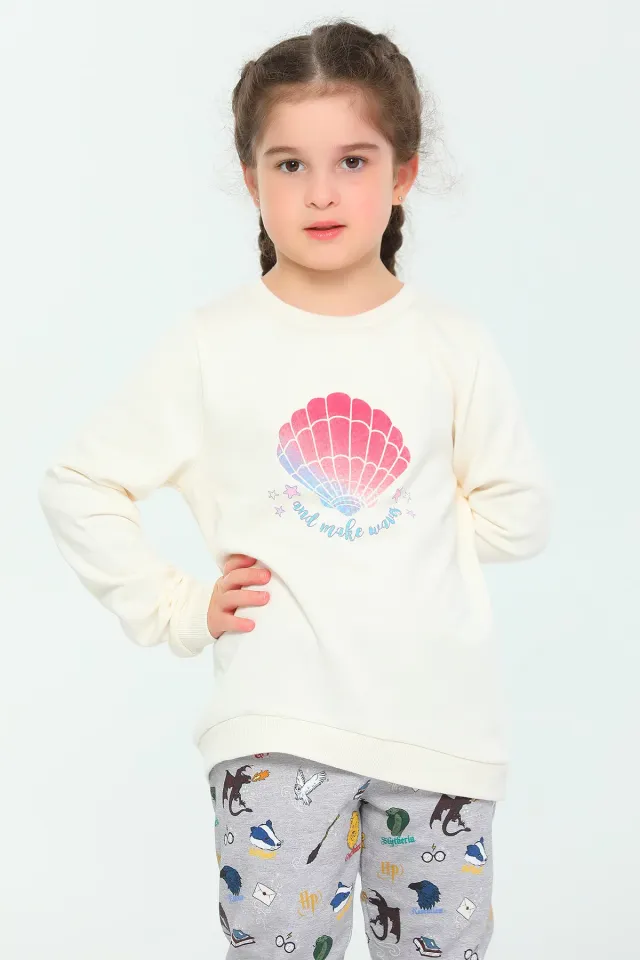 Kız Çocuk Baskılı Sweatshirt Krem