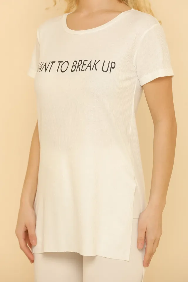 Kadın Likralı Bisiklet Yaka Break Up Baskılı T-shirt Krem