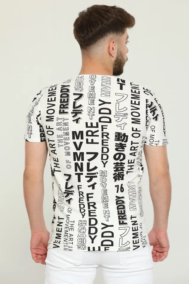 Erkek Likralı Bisiklet Yaka Baskılı T-shirt Krem