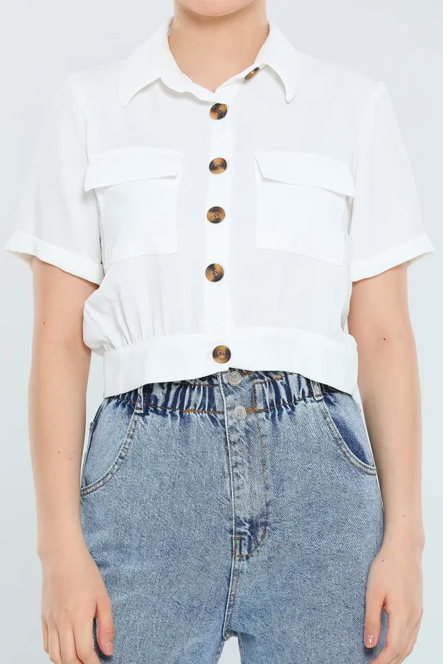 Kadın Kısa Kollu Yazlık Ayrobin Crop Gömlek Ceket Krem
