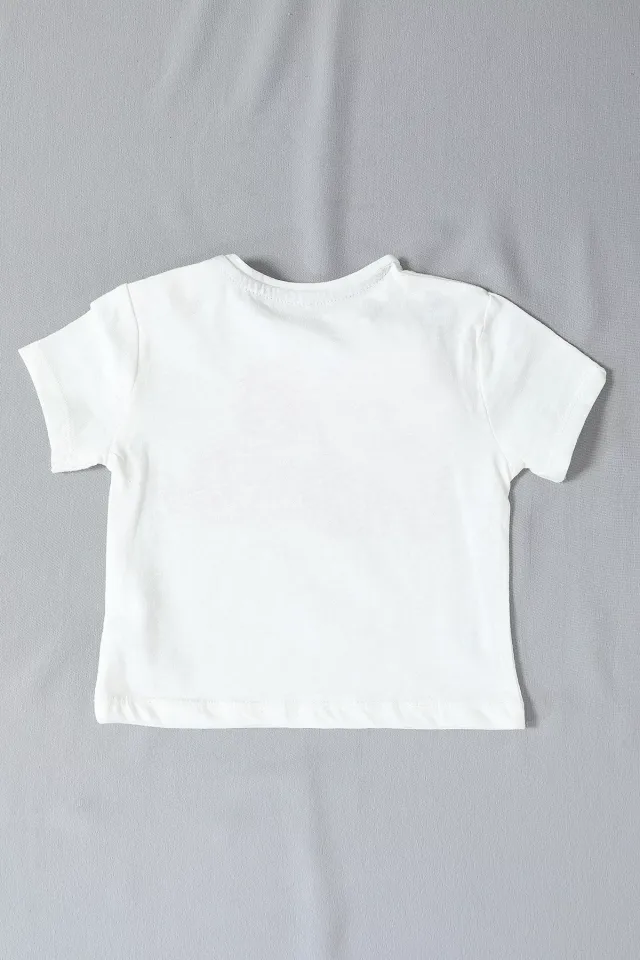 Kız Bebek Bisiklet Yaka Baskılı T-shirt Krem