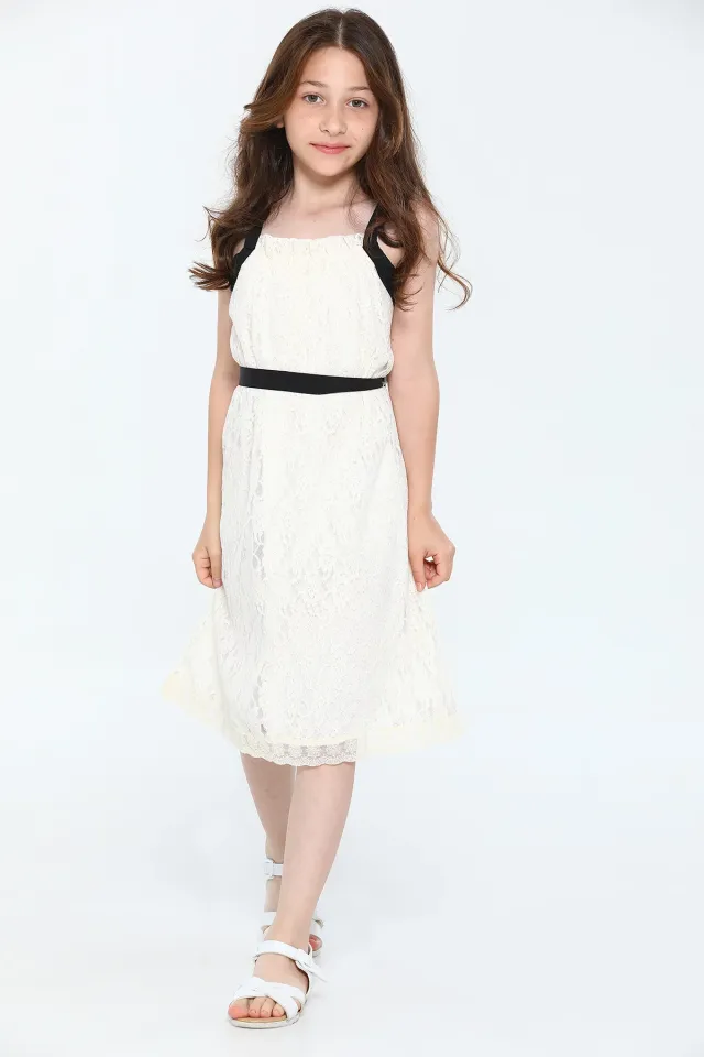 Kız Çocuk Askılı Astarlı Dantel Elbise Krem