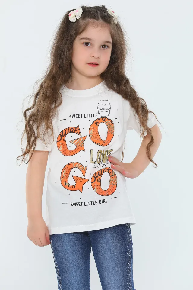 Kız Çocuk Likralı Bisiklet Yaka Baskılı T-shirt Krem