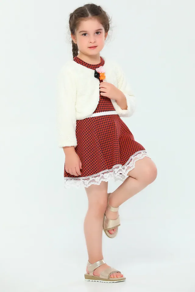 Kız Çocuk Likralı Peluş Hırka Kombinli Desenli Elbise Kremkiremit